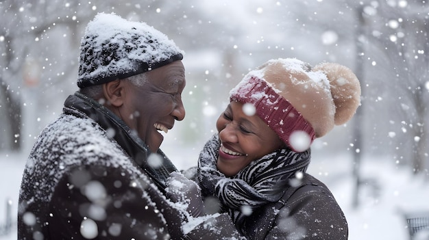 Um homem e uma mulher a sorrir na neve.