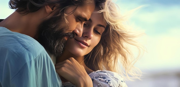um homem e uma mulher abraçados na praia com uma longa barba no estilo de mulheres bonitas