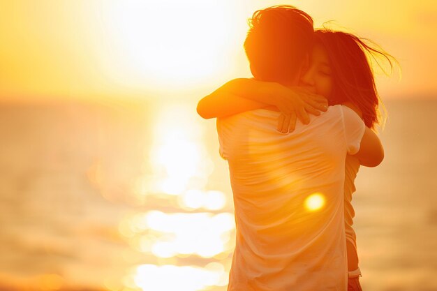 Um homem e uma mulher abraçam-se numa praia ao pôr-do-sol