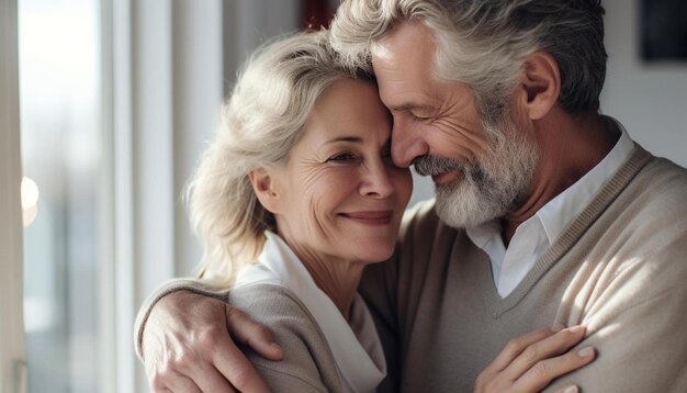 Foto um homem e uma mulher abraçando-se com um sorriso que diz amor