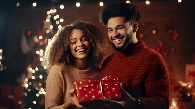 Foto um homem e uma mulher afro-americanos sorrindo e bonitos segurando uma caixa de presentes vermelha na sala de estar para o natal