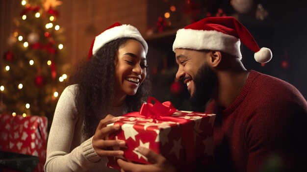 Foto um homem e uma mulher afro-americanos sorrindo e bonitos segurando uma caixa de presentes vermelha na sala de estar para o natal