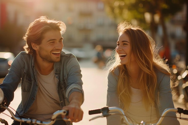 um homem e uma mulher andando de bicicleta por uma rua