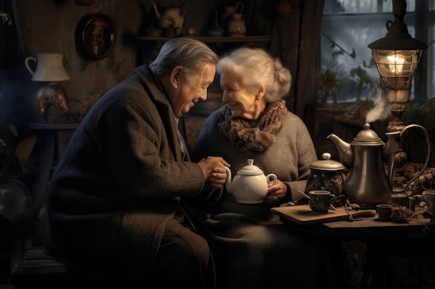 Um homem e uma mulher aproveitam um momento juntos sentados à mesa com um bule Um casal de idosos tomando chá em uma aconchegante manhã de inverno Gerado por IA
