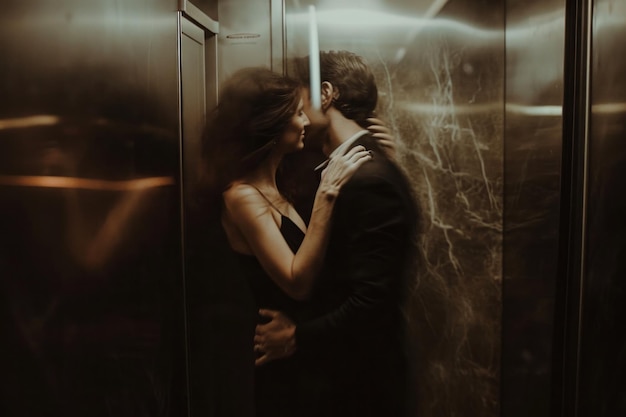 um homem e uma mulher beijando um ao outro em um elevador no estilo de fotografia de celebridades