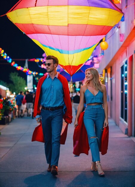 um homem e uma mulher caminham pela rua sob um guarda-chuva colorido