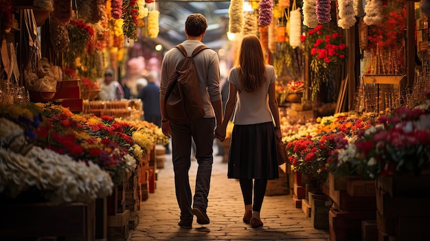 Um homem e uma mulher caminham por um mercado de flores.