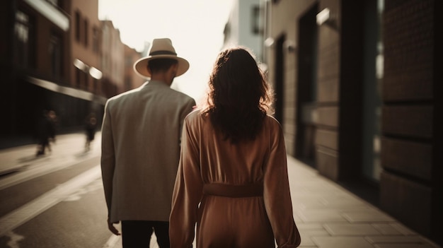 Um homem e uma mulher caminham por uma rua, o homem está usando um vestido de manga comprida.