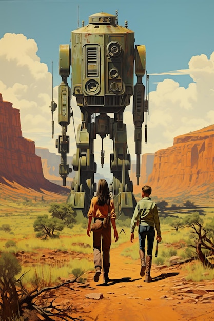 um homem e uma mulher caminhando em direção a um grande robô
