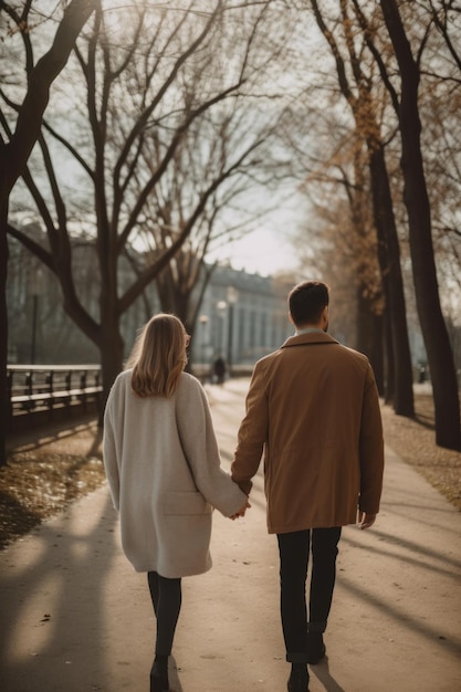 Um homem e uma mulher caminhando por um caminho de mãos dadas Imagem generativa de IA