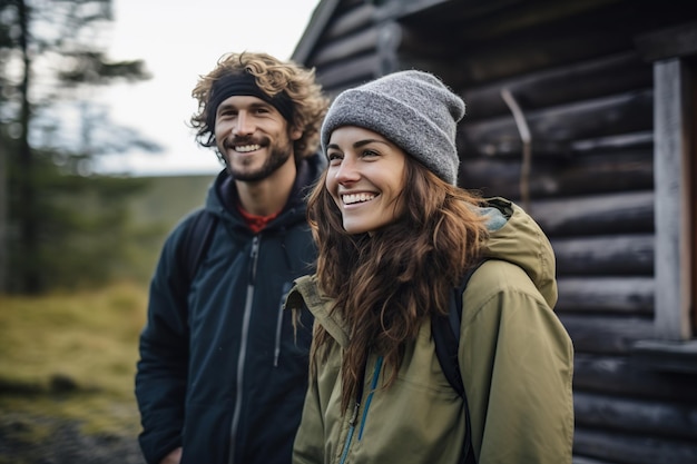 Um homem e uma mulher caucasianos adultos sorrindo contra o fundo da natureza e uma cabana de madeira