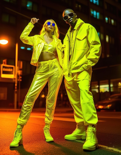 Um homem e uma mulher com jaquetas amarelas neon estão parados na rua.