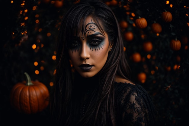 um homem e uma mulher com maquiagem de fantasia de Halloween de frente para a câmera Fundo de Halloween tema escuro