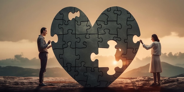 Um homem e uma mulher constroem um coração a partir de um quebra-cabeça