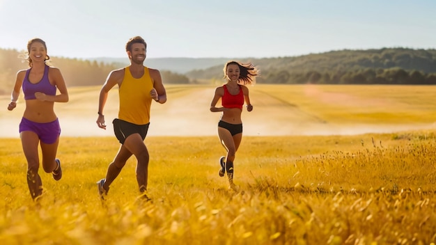 um homem e uma mulher correndo em um campo com as palavras jogger no lado