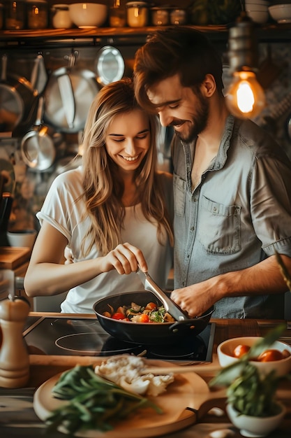 Foto um homem e uma mulher cozinhando em uma cozinha a mulher está cozinhando com uma panela de comida