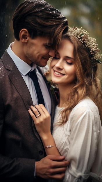 um homem e uma mulher de fato estão se abraçando e a mulher está usando uma coroa floral