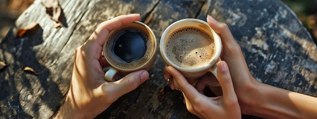 um homem e uma mulher de mãos dadas em uma chávena de café em uma mesa de madeira