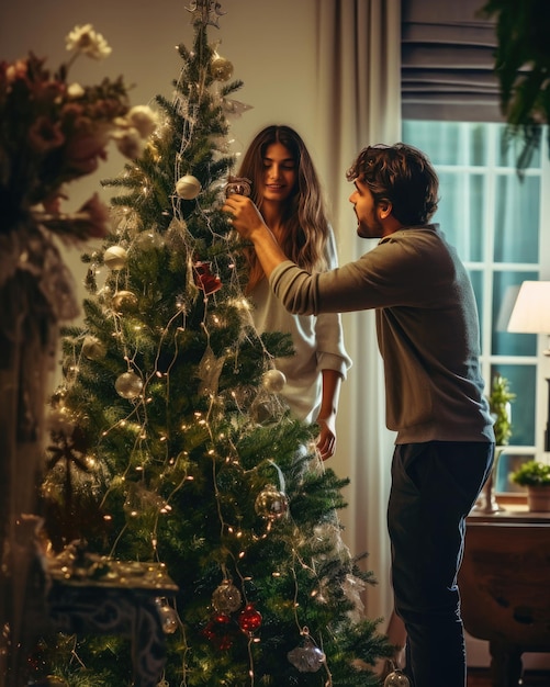 um homem e uma mulher decoram uma árvore de natal.