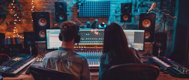 Um homem e uma mulher desfrutando de uma sessão de gravação colaborativa em um estúdio profissional