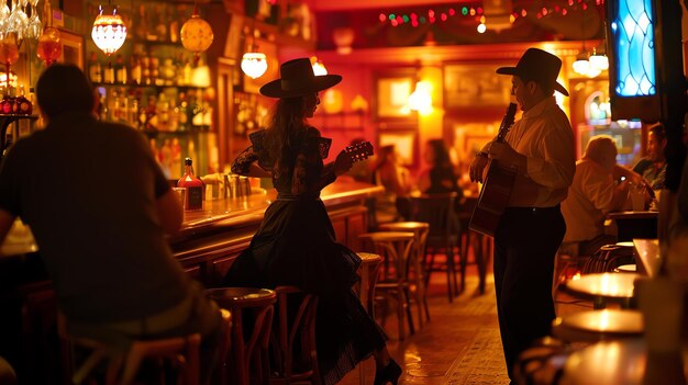 Um homem e uma mulher em roupas tradicionais mexicanas estão dançando em um bar, o homem está tocando guitarra e a mulher está cantando.