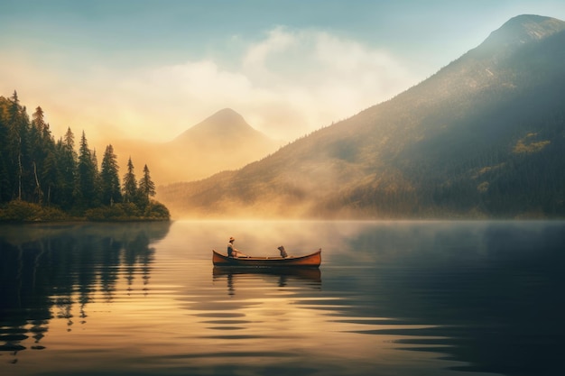 Um homem e uma mulher em um barco em um lago com montanhas ao fundo