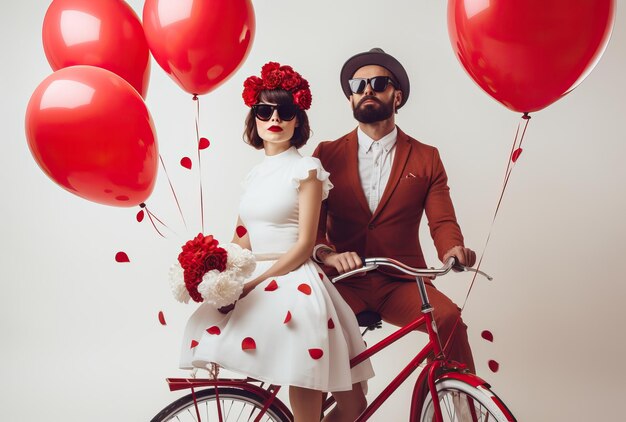 um homem e uma mulher em uma bicicleta estão dando os balões vermelhos no estilo da fotografia de moda