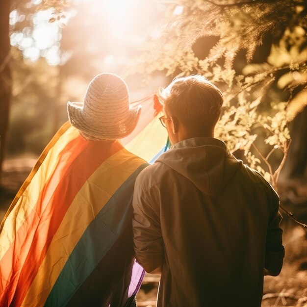 Foto um homem e uma mulher em uma floresta com uma bandeira de arco-íris