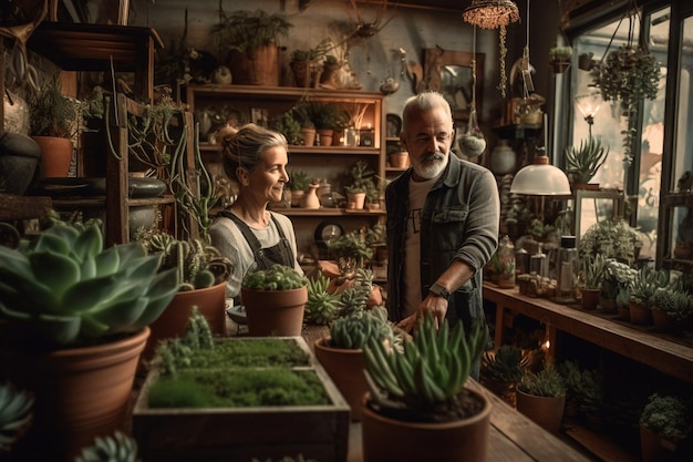 Um homem e uma mulher em uma floricultura