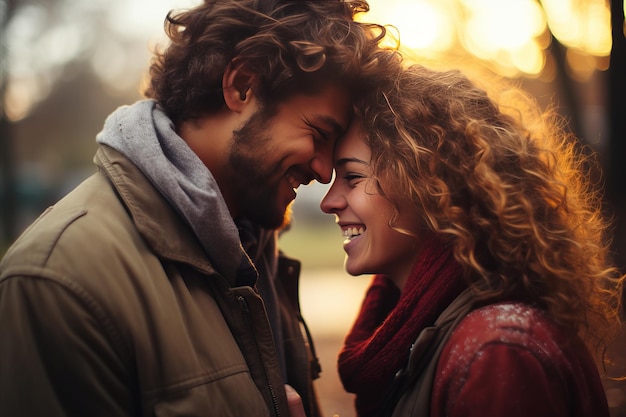 Um homem e uma mulher encantados e amorosos a desfrutar de um momento sincero de risos e sorrisos genuínos.