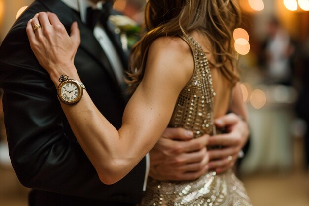 Um homem e uma mulher estão a abraçar-se e a mulher está a usar um relógio que diz:
