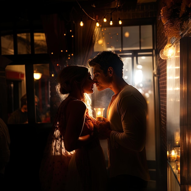 Um homem e uma mulher estão a beijar-se num bar com uma vela ao fundo.