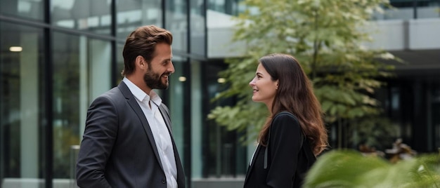 Um homem e uma mulher estão a falar na frente de um edifício.