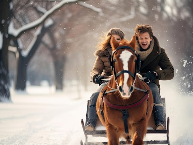 Um homem e uma mulher estão a montar um cavalo na neve.