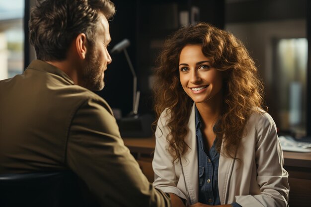 Um homem e uma mulher estão a ter uma conversa num escritório.