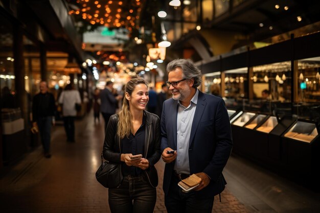 Um homem e uma mulher estão andando juntos em um shopping lotado