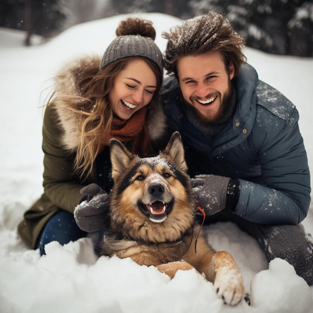 Um homem e uma mulher estão brincando com um cão na neve.