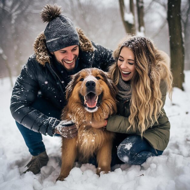 Um homem e uma mulher estão brincando com um cão na neve.