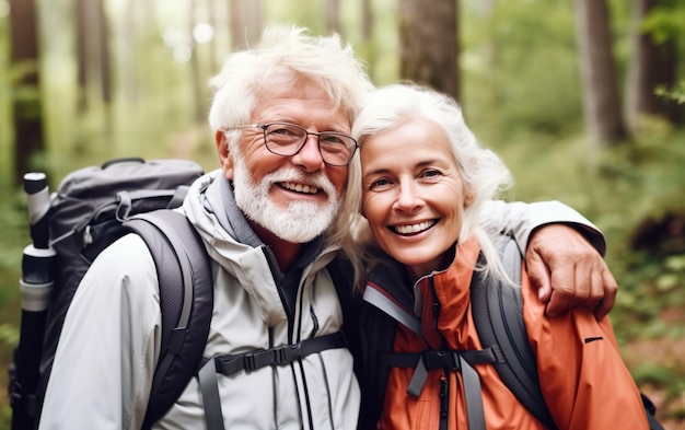 Um homem e uma mulher estão caminhando em uma floresta.