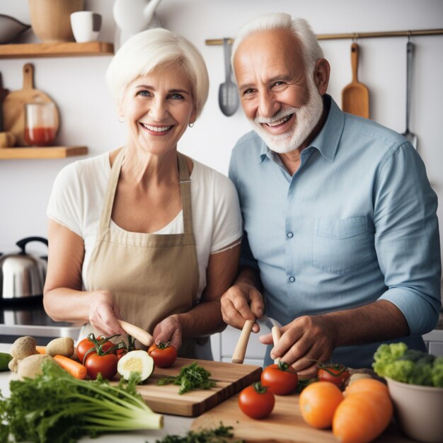 Um homem e uma mulher estão cortando legumes em uma cozinha.