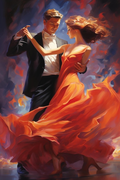 Um homem e uma mulher estão dançando em um vestido vermelho.