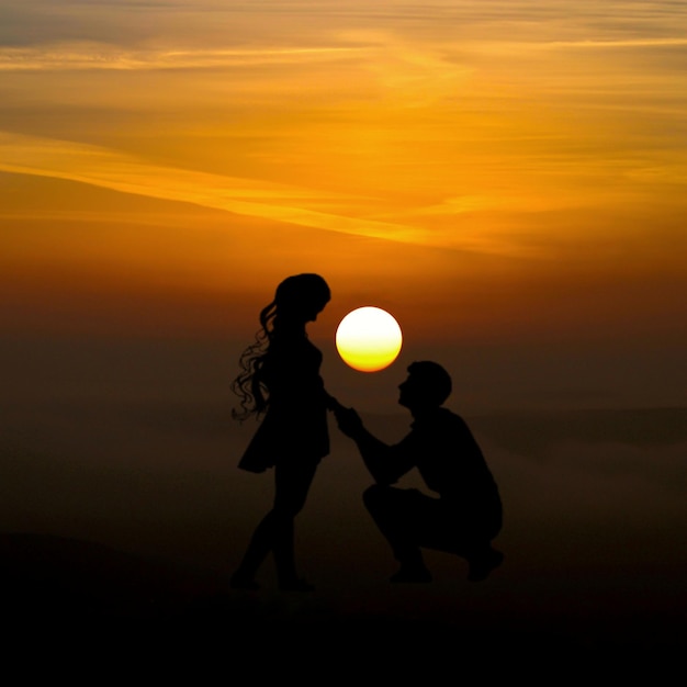 Um homem e uma mulher estão de mãos dadas e o sol está se pondo ao fundo.