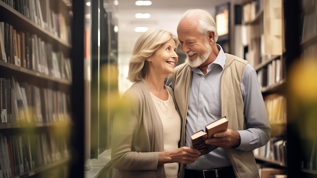 Um homem e uma mulher estão de pé em uma biblioteca olhando para um livro juntos