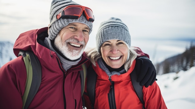 Um homem e uma mulher estão de pé na neve.