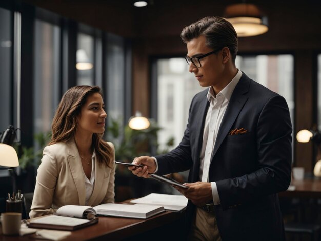 Um homem e uma mulher estão em frente a uma mesa com um bloco de notas