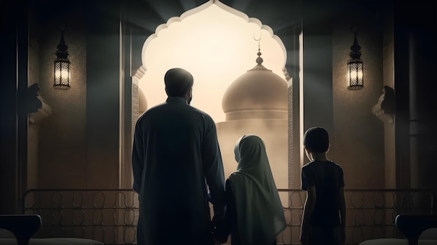 Um homem e uma mulher estão em frente a uma mesquita e olham para uma luz.