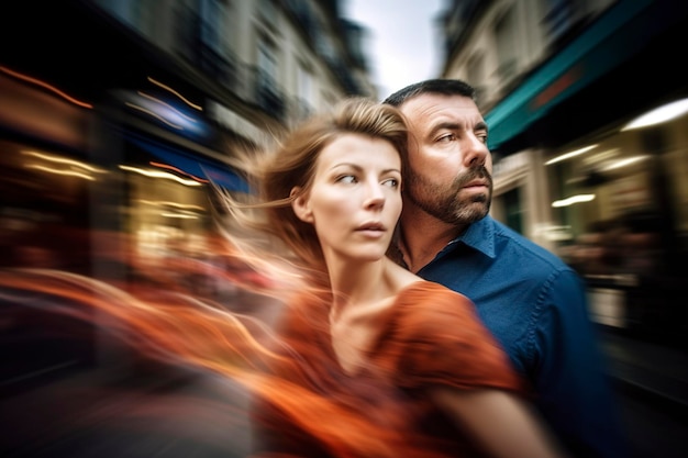 Um homem e uma mulher estão em frente a uma rua com um fundo desfocado.