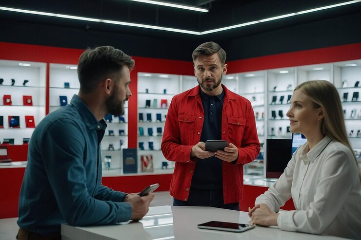Foto um homem e uma mulher estão falando na frente de uma exposição de telefones
