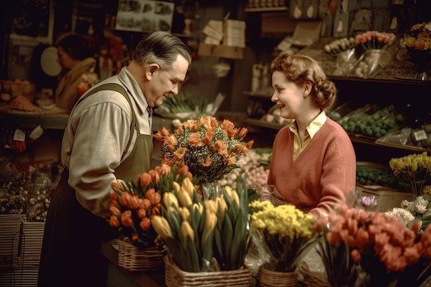 Um homem e uma mulher estão olhando para um buquê de flores.
