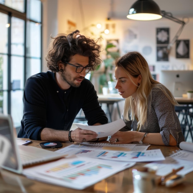 Um homem e uma mulher estão olhando para um papel que diz a palavra "graphon"